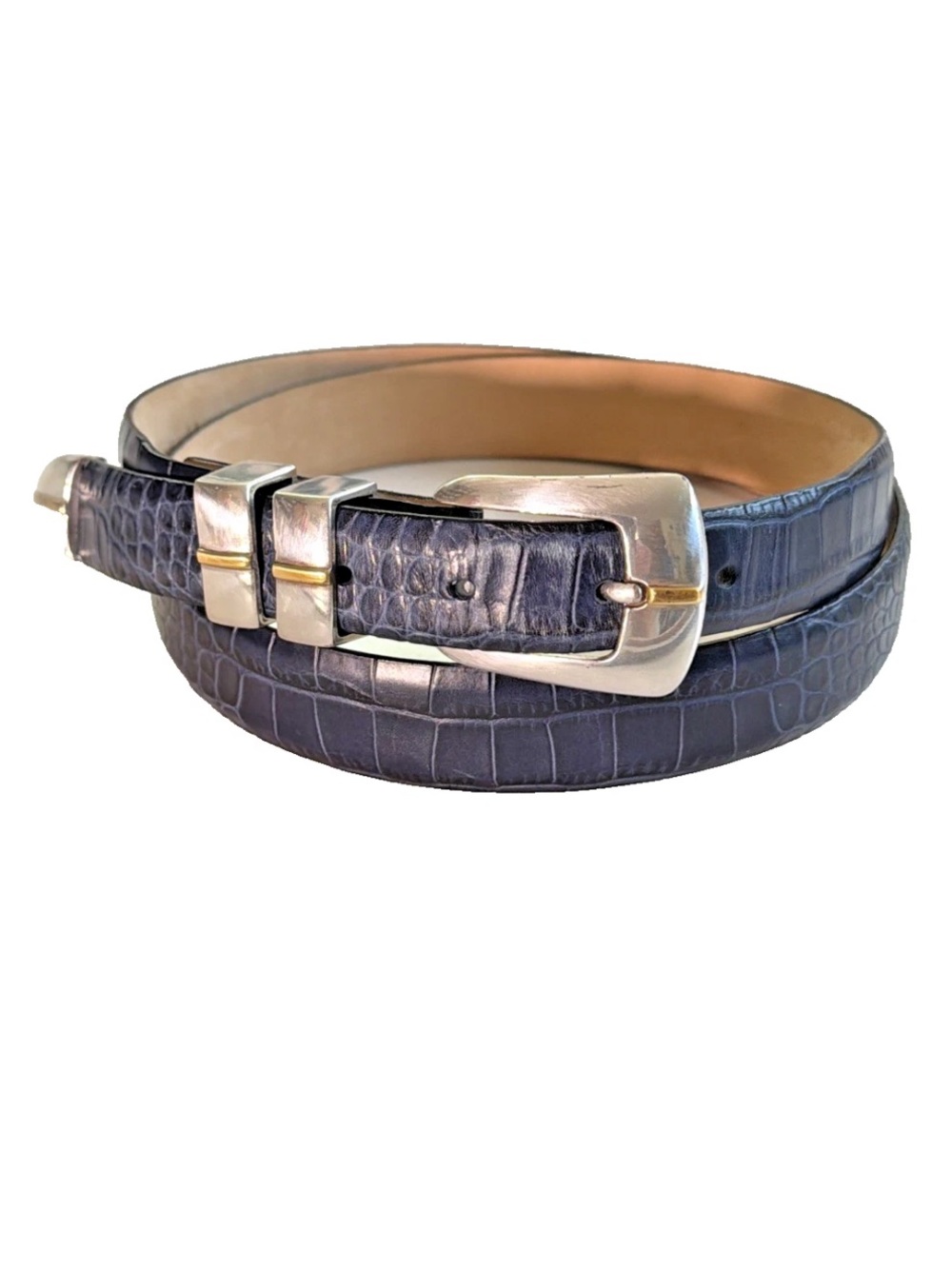 Genuine Italian Calfskin Belt 44 Blue Croc Embossed Leather Silver Tip Western